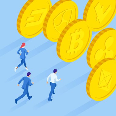 İzometrik cryptocurrency iş insanları madenci ve sikke kavramı. Cryptocurrency düzenlenebilir afiş şablonu.