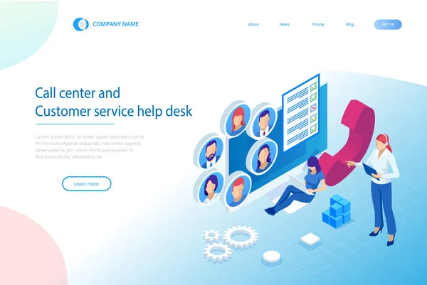 Obsługa komunikacji izometrycznej operator telefonu, Call Center i działu obsługi klienta Help Desk. Konsultant działu obsługi rozmów na telefon głośnomówiący. — Wektor stockowy