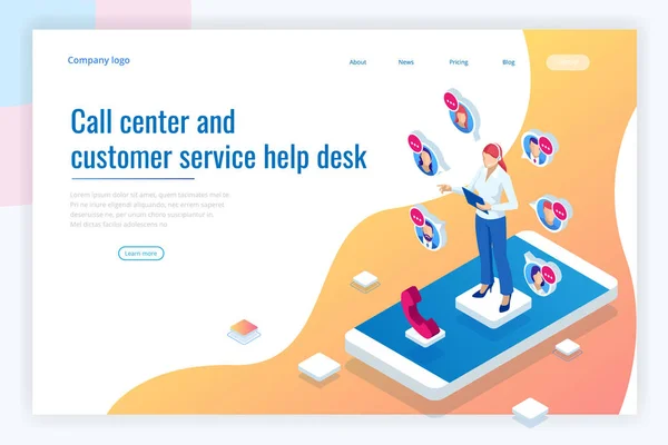 Operator Isometric Communication support phone, call center dan layanan Customer help desk. Konsultan layanan berbicara di telepon bebas tangan . - Stok Vektor