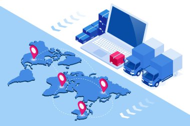Küresel lojistik ağı düz 3D izometrik vektör illüstrasyon simgeler hava kargo kamyon raylı ulaşım deniz nakliye kümesi on-Time teslim araçlar kargo çok sayıda taşımak için tasarlanmış