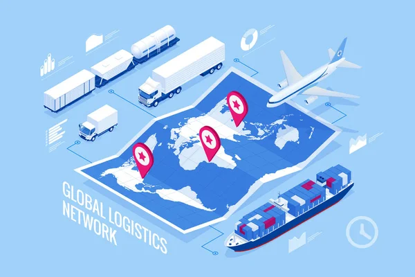 Rete logistica globale Illustrazione isometrica 3d piatta Icone set di trasporto aereo di merci su rotaia trasporto marittimo Consegna puntuale Veicoli progettati per trasportare un gran numero di merci — Vettoriale Stock