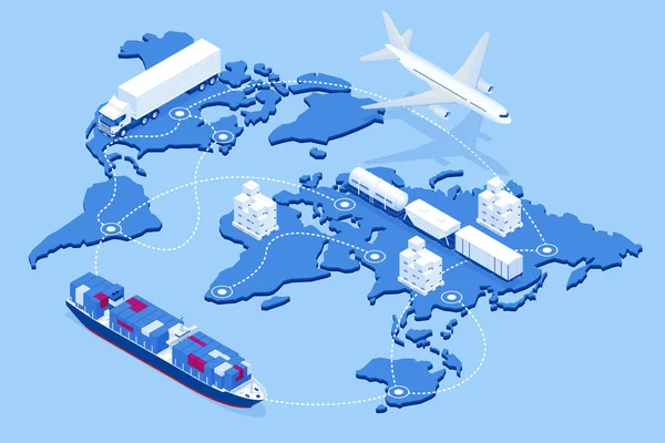 Globální logistická síť plochý 3D izometrický vektorový obrázek ikony souprava leteckého nákladu nákladní železniční doprava námořní doprava dopravní prostředky pro přepravu velkého množství nákladu — Stockový vektor
