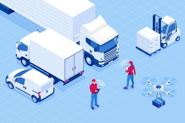 İzometrik online ekspres, ücretsiz, hızlı teslimat, nakliye kavramı. Bir cep telefonu teslimat hizmeti uygulaması kontrol. Teslimat-karton kutu, cep telefonu arka plan ile kamyon.
