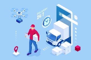 İzometrik online ekspres, ücretsiz, hızlı teslimat, nakliye kavramı. Bir cep telefonu teslimat hizmeti uygulaması kontrol. Teslimat-karton kutu, cep telefonu arka plan ile kamyon.