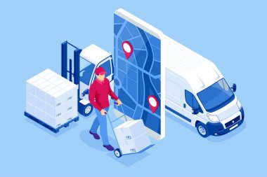 İzometrik online ekspres, ücretsiz, hızlı teslimat, nakliye kavramı. Bir cep telefonu teslimat hizmeti uygulaması kontrol. Teslimat-karton kutu, cep telefonu arka plan ile kamyon.