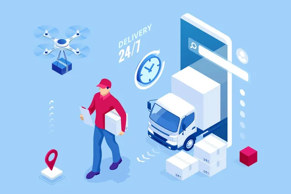 Isometric en ligne Express, Livraison gratuite et rapide, concept d'expédition. Vérification de l'application de service de livraison sur un téléphone mobile. Camion de livraison avec boîte en carton, fond de téléphone portable . — Image vectorielle