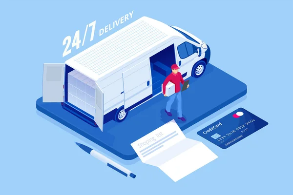 Isometrische online Express, gratis, snelle levering, scheepvaart concept. De delivery service-app op een mobiele telefoon controleren. Levering-vrachtwagen met kartonnen doos, mobiele telefoon achtergrond. — Stockvector