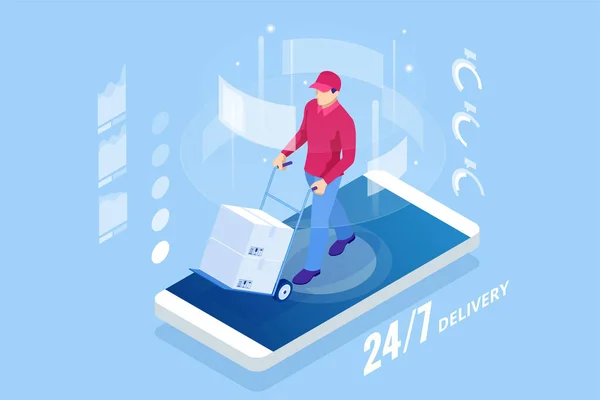 Isometrische online Express, gratis, snelle levering, scheepvaart concept. De delivery service-app op een mobiele telefoon controleren. Levering-vrachtwagen met kartonnen doos, mobiele telefoon achtergrond. — Stockvector