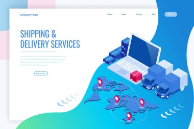 İzometrik Lojistik ve Teslimat Bilgi Grafikleri. Eve ve ofise teslimat. Şehir lojistiği. Depo, kamyon, forklift, kurye, drone ve teslimatçı