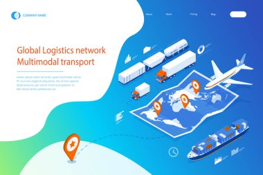 Web şablonu afiş Küresel lojistik ağı Düz izometrik illüstrasyon hava kargo kamyon demiryolu taşımacılığı deniz nakliye on-time teslimat Araçlar kargo çok sayıda taşımak için tasarlanmış