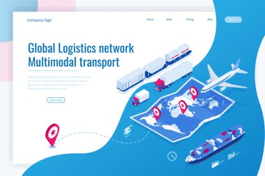 Web şablonu afiş Küresel lojistik ağı Düz izometrik illüstrasyon hava kargo kamyon demiryolu taşımacılığı deniz nakliye on-time teslimat Araçlar kargo çok sayıda taşımak için tasarlanmış