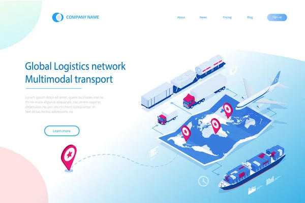 Web template banner Global logistics network Flat isometric illustration of air cargo trucking rail transportation maritime shipping On-time delivery Vehicles designed to carry large numbers of cargo — Stock Vector