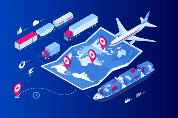 Web Template Banner Globales Logistiknetzwerk flache isometrische Illustration des Luftfracht-LKW-Schienentransports Seeschifffahrt pünktliche Lieferfahrzeuge entwickelt, um eine große Anzahl von Fracht zu transportieren — Stockvektor