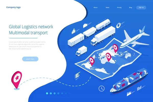Web template banner Global logistics network Flat isometric illustration of air cargo trucking rail transportation maritime shipping On-time delivery Vehicles designed to carry large numbers of cargo — Stock Vector
