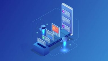 İzometrik robot, çalışanların veya personelin veritabanını analiz eder. Veri işleme. Robot İnsan Kaynakları yöneticisi. Yapay zeka büyük veri analizi için çalışıyor. Hd Video.