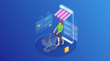 İzometrik Online Alışveriş ve ödeme, Satış, Tüketicilik ve Online Mağaza. Mobil pazarlama ve e-ticaret. İnternet ödemeleri, koruma para transferi, online banka. Hd Video.