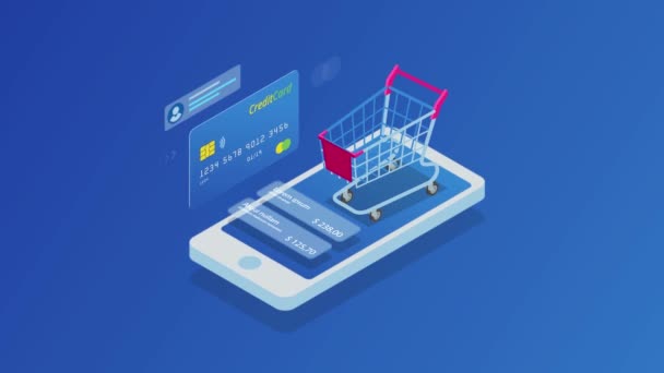 Acquisti e pagamenti online isometrici, vendita, consumismo e negozio online. Mobile marketing ed e-commerce. Pagamenti su Internet, trasferimento di denaro, banca online. Video HD . — Video Stock