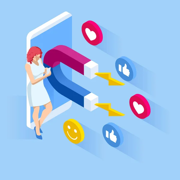 Isometric médias sociaux aime et suit ou marketing aimant engager followers concept . — Image vectorielle