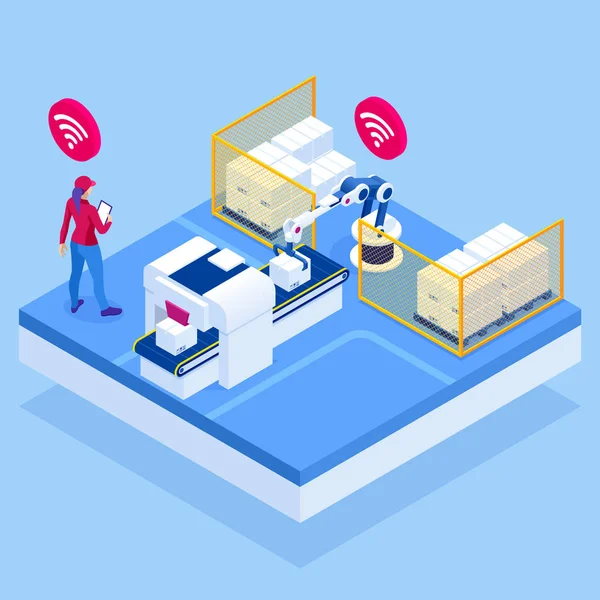 Isometric iot smart industry 4.0 avec le développement de l'emballage de production et les étapes de livraison. Automatisation bras robotisé travaillant dans la zone de fonctionnement de la machine dans l'usine . — Image vectorielle