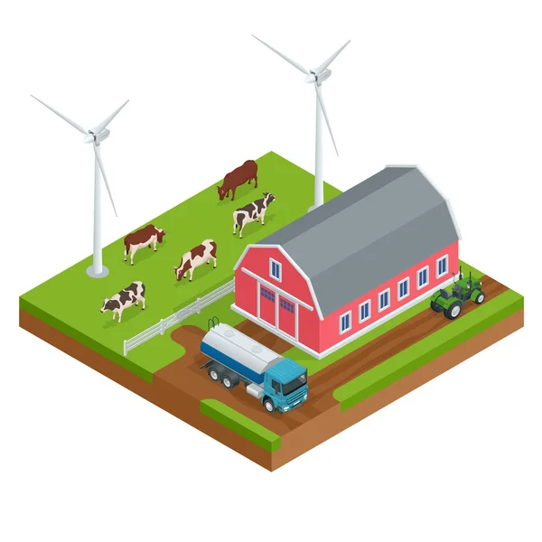 等轴测有机农场或奶牛场。自动化农业，技术。机器人农民。农场奶牛与挤牛奶吃干草. — 图库矢量图片