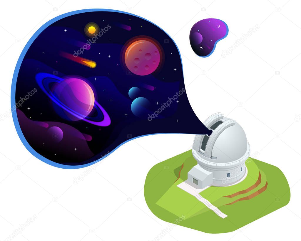 Isometric astronomical observatory dome. Astronomical telescope tube and cosmos. Astronomer looking through telescope on planets, stars and comets. Astronomical telescope tube and cosmos.