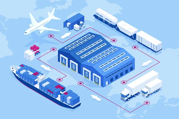 Red logística global isométrica. Carga aérea, transporte ferroviario, transporte marítimo, almacén, barco portacontenedores, horizonte de la ciudad en el mapa del mundo . — Archivo Imágenes Vectoriales