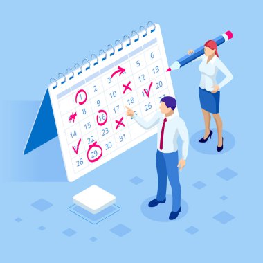 İzometrik haftalık program ve takvim planlayıcısı organizasyon yönetimi. Çevrimiçi iş akışı, zaman yönetimi, planlama, görev uygulaması, ekip çalışması ve toplantı.