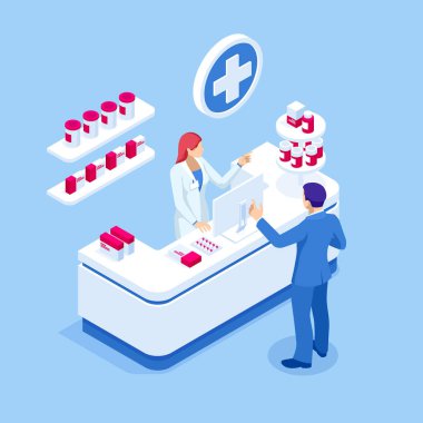 İyometrik Eczane Mağaza ve Doktor eczacı ve hasta. Kadın eczacı eczanede reçeteli kontrol ilaçları tutuyor. Sağlık kavramı.