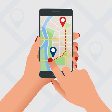Kırmızı ve mavi işaretçiler ile telefonda Düz Gps navigasyon. Gps izleme haritası. Sokak haritalarında gezinme pinlerini izleme, haritalama teknolojisinde gezinme ve konum sabitlemeyi bulma.