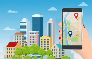 Kırmızı ve mavi işaretçiler ile telefonda Düz Gps navigasyon. Gps izleme haritası. Sokak haritalarında gezinme pinlerini izleme, haritalama teknolojisinde gezinme ve konum sabitlemeyi bulma.