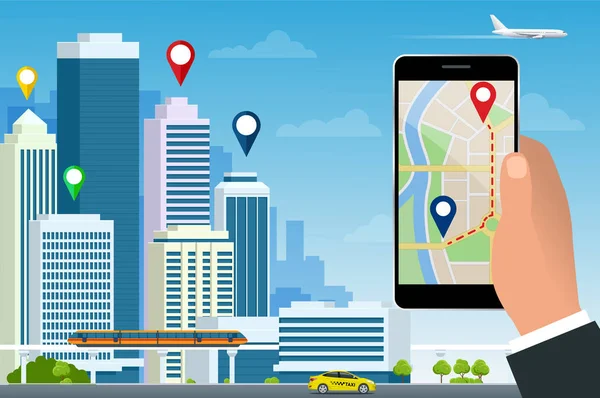 Plochá navigace v telefonu s červenými a modrými ukazateli. Mapa GPS sledování. Sledovat navigační kolíky na mapách ulic, procházet technologii mapování a lokalizovat čep pozice. — Stockový vektor