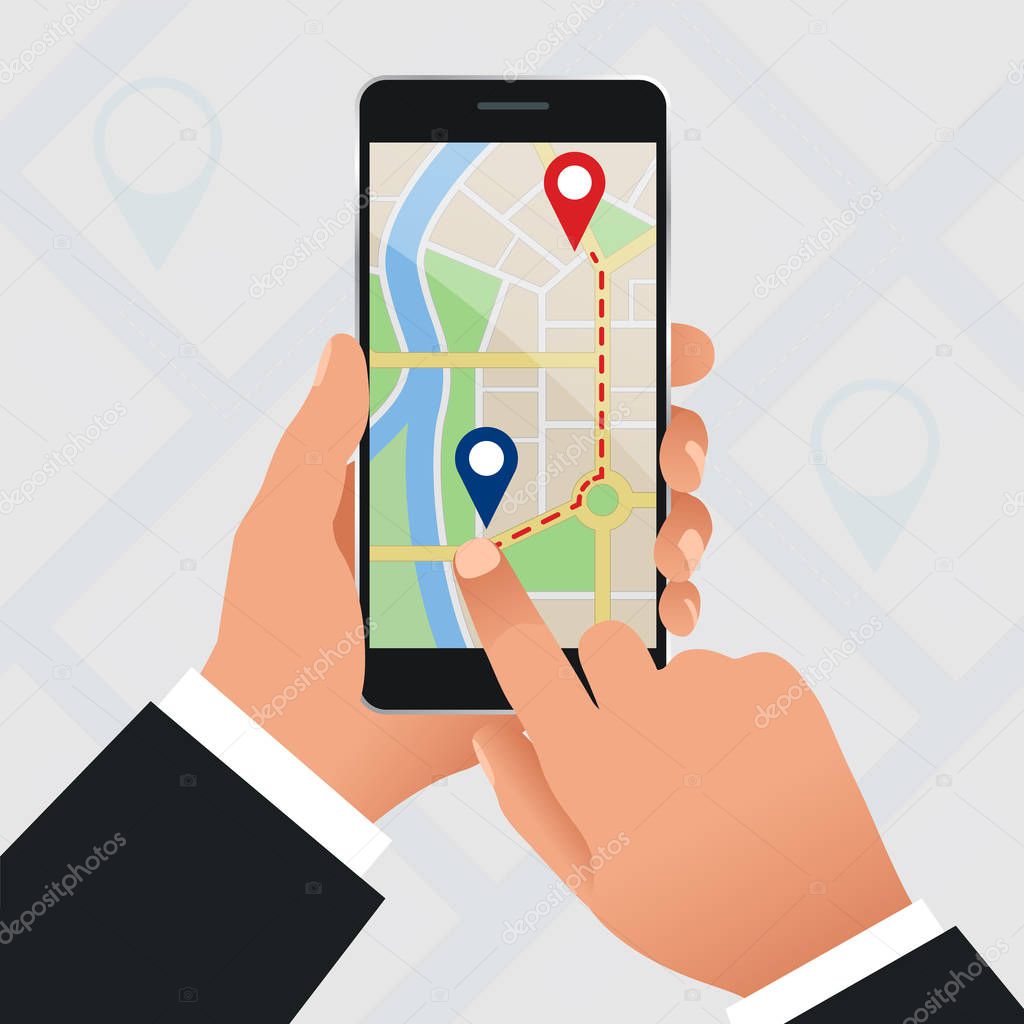 Flat GPS navigation in the phone with a red and blue pointers. GPS tracking map. Track navigation pins on street maps, navigate mapping technology and locate position pin.