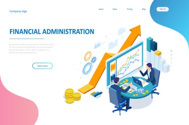 Isometric web iş konsepti finansal yönetim, muhasebe, analiz, denetim, finansal rapor. Vergi denetleme süreci. Belgeler, grafikler, grafikler, planlayıcı, takvim, rapor.