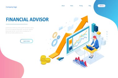 Isometric web iş konsepti finansal yönetim, muhasebe, analiz, denetim, finansal rapor. Vergi denetleme süreci. Belgeler, grafikler, grafikler, planlayıcı, takvim, rapor.