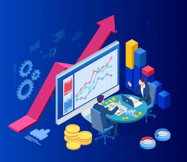 Isometric web iş konsepti finansal yönetim, muhasebe, analiz, denetim, finansal rapor. Vergi denetleme süreci. Belgeler, grafikler, grafikler, planlayıcı, takvim, rapor.