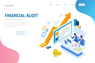 Isometric web iş konsepti finansal yönetim, muhasebe, analiz, denetim, finansal rapor. Vergi denetleme süreci. Belgeler, grafikler, grafikler, planlayıcı, takvim, rapor.