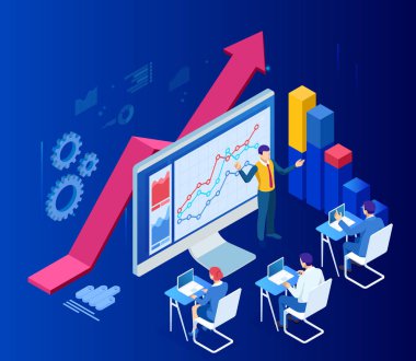 Isometric web iş konsepti finansal yönetim, muhasebe, analiz, denetim, finansal rapor. Vergi denetleme süreci. Belgeler, grafikler, grafikler, planlayıcı, takvim, rapor.