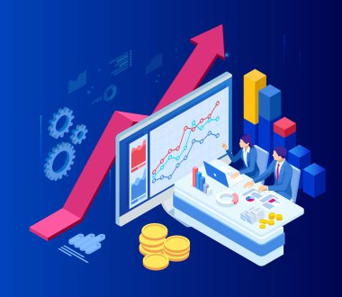 Isometric web iş konsepti finansal yönetim, muhasebe, analiz, denetim, finansal rapor. Vergi denetleme süreci. Belgeler, grafikler, grafikler, planlayıcı, takvim, rapor.