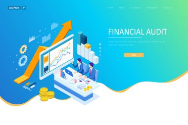 Isometric web iş konsepti finansal yönetim, muhasebe, analiz, denetim, finansal rapor. Vergi denetleme süreci. Belgeler, grafikler, grafikler, planlayıcı, takvim, rapor.
