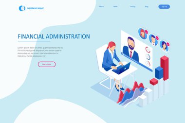 Isometric web iş konsepti finansal yönetim, muhasebe, analiz, denetim, finansal rapor. Vergi denetleme süreci. Belgeler, grafikler, grafikler, planlayıcı, takvim, rapor.