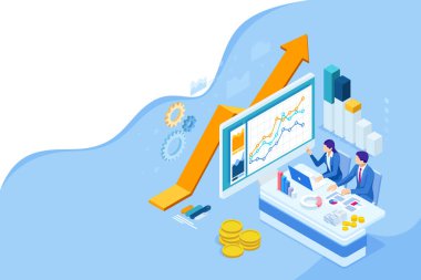 Isometric web iş konsepti finansal yönetim, muhasebe, analiz, denetim, finansal rapor. Vergi denetleme süreci. Belgeler, grafikler, grafikler, planlayıcı, takvim, rapor.