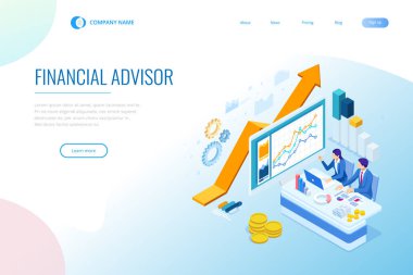 Isometric web iş konsepti finansal yönetim, muhasebe, analiz, denetim, finansal rapor. Vergi denetleme süreci. Belgeler, grafikler, grafikler, planlayıcı, takvim, rapor.