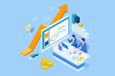 Isometric web iş konsepti finansal yönetim, muhasebe, analiz, denetim, finansal rapor. Vergi denetleme süreci. Belgeler, grafikler, grafikler, planlayıcı, takvim, rapor.