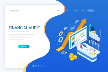 Isometric web iş konsepti finansal yönetim, muhasebe, analiz, denetim, finansal rapor. Vergi denetleme süreci. Belgeler, grafikler, grafikler, planlayıcı, takvim, rapor.