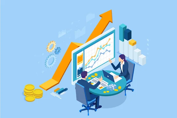 Isometric web business concept d'administration financière, comptabilité, analyse, audit, rapport financier. Audit du processus fiscal. Documents, graphiques, graphiques, graphiques, planificateurs, calendriers, rapports. — Image vectorielle