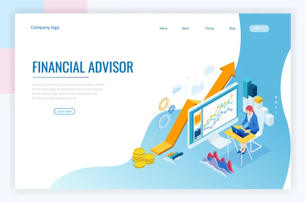 Isometric web business concept of financial administration, accounting, analysis, audit, financial report. Auditing tax process. Documents, graphics, charts, planner, calendar, report. — Stock Vector