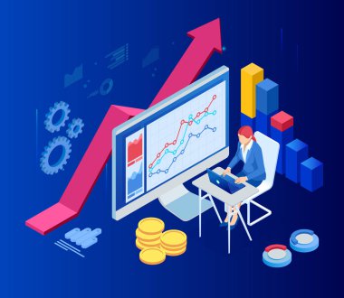 Isometric web iş konsepti finansal yönetim, muhasebe, analiz, denetim, finansal rapor. Vergi denetleme süreci. Belgeler, grafikler, grafikler, planlayıcı, takvim, rapor.