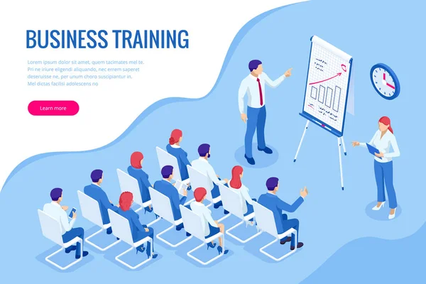 Isometrisch Business Training concept. Groep van zakenlieden bestudeert gegevens. Office werk menigte, team Meeting en discussie. — Stockvector