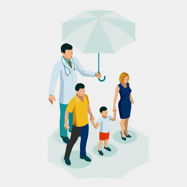 Assicurazione sanitaria e sulla vita isometrica per l'intero concetto di famiglia. Medico di famiglia con genitori e figli felici. Dottore di famiglia uomo . — Vettoriale Stock