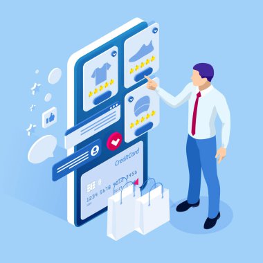 Online alışveriş, Satış, Tüketicilik ve Online mağaza. Isometric Smart akıllı telefon online alışveriş şablonu. Mobil pazarlama ve e-ticaret.